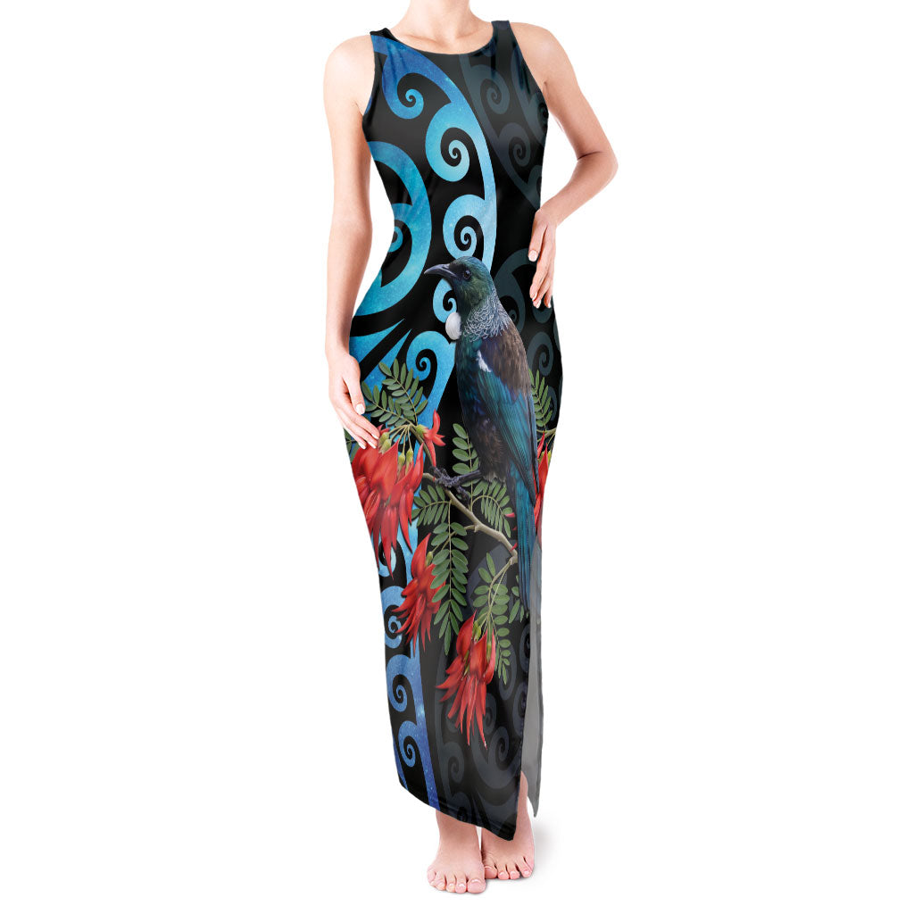 Tui Bird Kakabeak New Zealand Tank Maxi Dress Clianthus Galaxy Maori Koru Pattern
