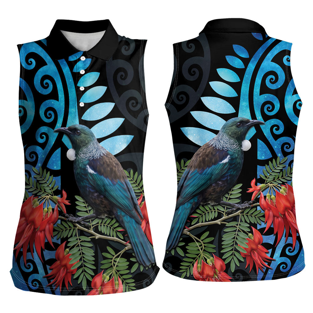 Tui Bird Kakabeak New Zealand Women Sleeveless Polo Shirt Clianthus Galaxy Maori Koru Pattern