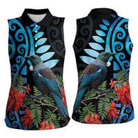 Tui Bird Kakabeak New Zealand Women Sleeveless Polo Shirt Clianthus Galaxy Maori Koru Pattern
