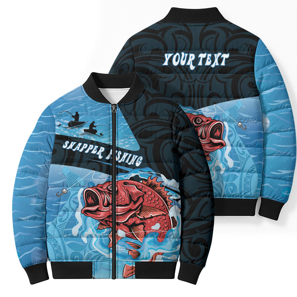 Personalised Snapper Fishing New Zealand Bomber Puffer Jacket Tamure Fish Hook Maori Pattern