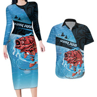 Personalised Snapper Fishing New Zealand Couples Matching Long Sleeve Bodycon Dress and Hawaiian Shirt Tamure Fish Hook Maori Pattern LT22 Blue - Polynesian Pride
