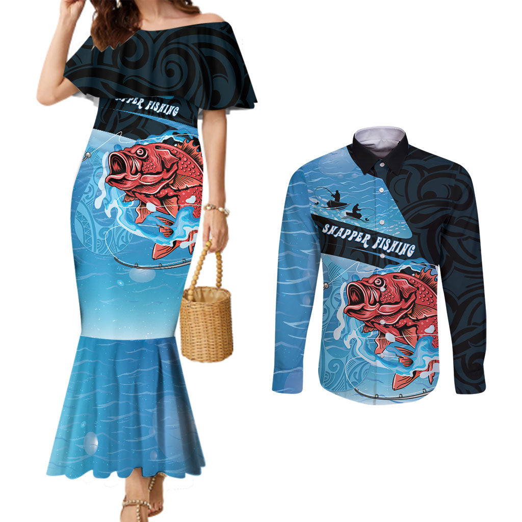 Personalised Snapper Fishing New Zealand Couples Matching Mermaid Dress and Long Sleeve Button Shirt Tamure Fish Hook Maori Pattern