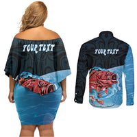 Personalised Snapper Fishing New Zealand Couples Matching Off Shoulder Short Dress and Long Sleeve Button Shirt Tamure Fish Hook Maori Pattern