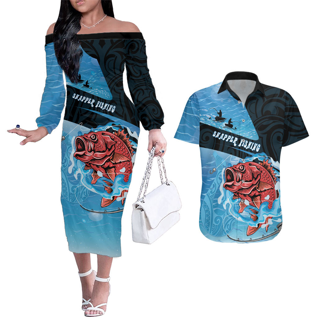 Personalised Snapper Fishing New Zealand Couples Matching Off The Shoulder Long Sleeve Dress and Hawaiian Shirt Tamure Fish Hook Maori Pattern