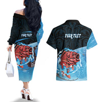 Personalised Snapper Fishing New Zealand Couples Matching Off The Shoulder Long Sleeve Dress and Hawaiian Shirt Tamure Fish Hook Maori Pattern LT22 - Polynesian Pride