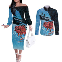 Personalised Snapper Fishing New Zealand Couples Matching Off The Shoulder Long Sleeve Dress and Long Sleeve Button Shirt Tamure Fish Hook Maori Pattern LT22 Blue - Polynesian Pride