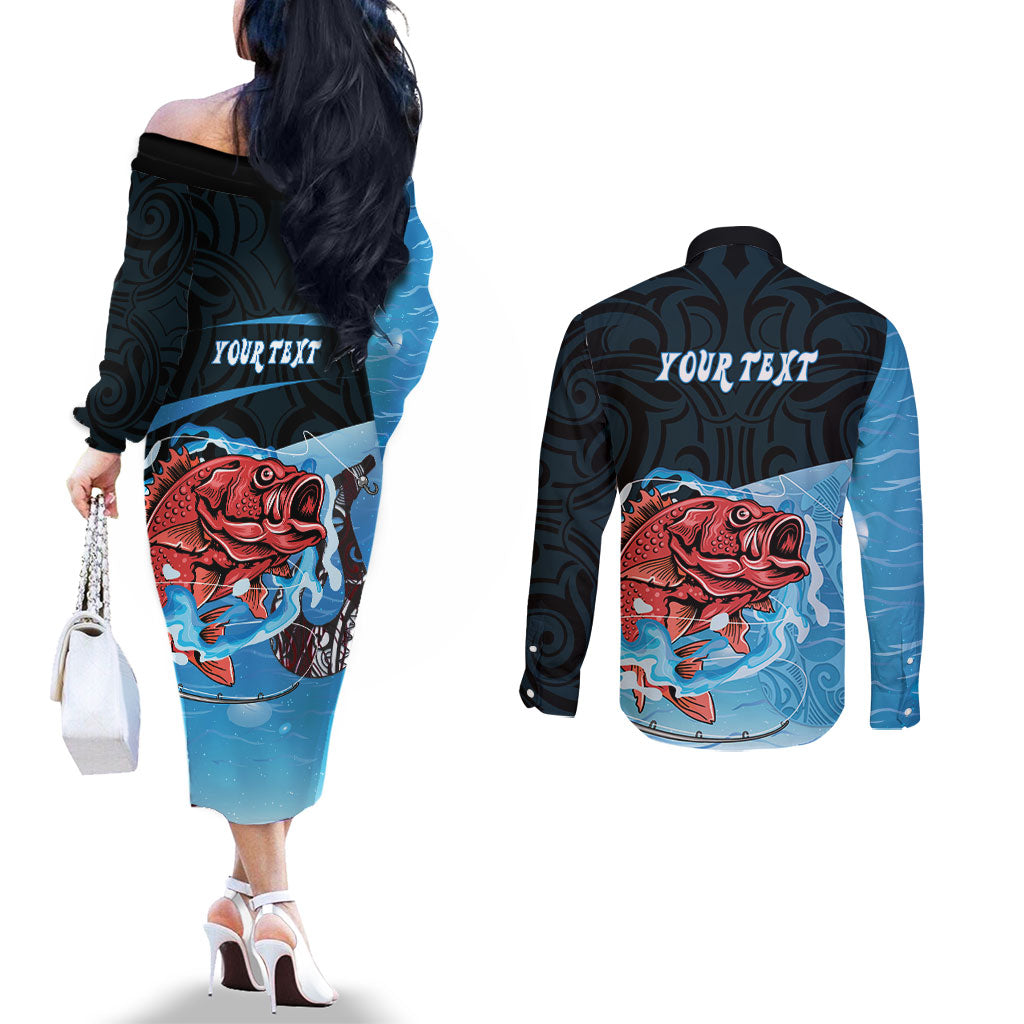 Personalised Snapper Fishing New Zealand Couples Matching Off The Shoulder Long Sleeve Dress and Long Sleeve Button Shirt Tamure Fish Hook Maori Pattern LT22 - Polynesian Pride