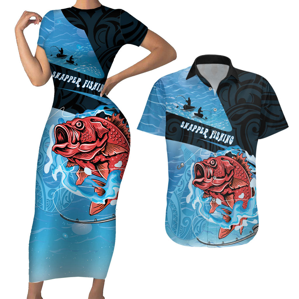 Personalised Snapper Fishing New Zealand Couples Matching Short Sleeve Bodycon Dress and Hawaiian Shirt Tamure Fish Hook Maori Pattern LT22 Blue - Polynesian Pride