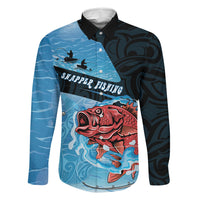 Personalised Snapper Fishing New Zealand Family Matching Long Sleeve Bodycon Dress and Hawaiian Shirt Tamure Fish Hook Maori Pattern LT22 Dad's Shirt - Long Sleeve Blue - Polynesian Pride