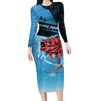 Personalised Snapper Fishing New Zealand Family Matching Long Sleeve Bodycon Dress and Hawaiian Shirt Tamure Fish Hook Maori Pattern LT22 Mom's Dress Blue - Polynesian Pride