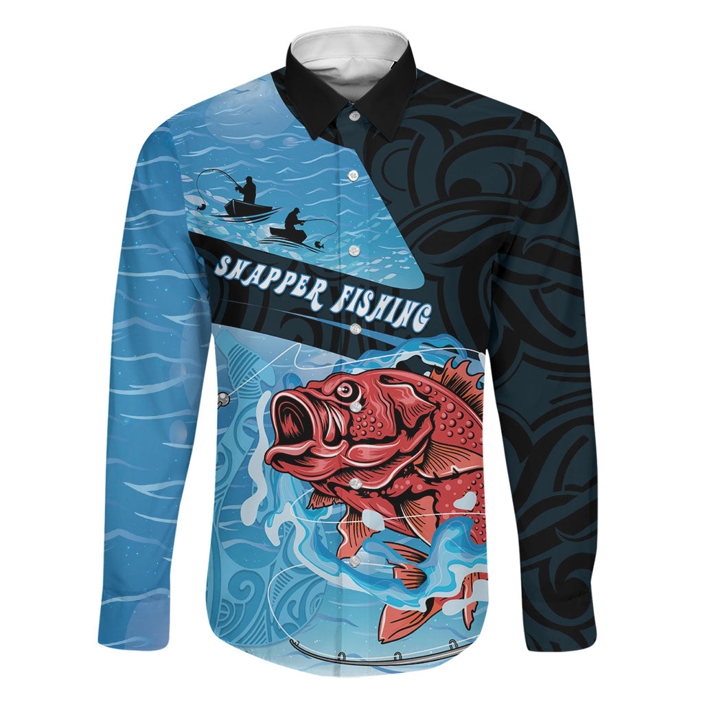 Personalised Snapper Fishing New Zealand Family Matching Mermaid Dress and Hawaiian Shirt Tamure Fish Hook Maori Pattern LT22 Dad's Shirt - Long Sleeve Blue - Polynesian Pride
