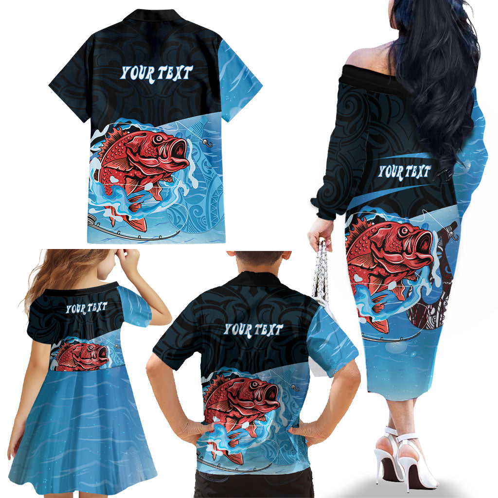 Personalised Snapper Fishing New Zealand Family Matching Off The Shoulder Long Sleeve Dress and Hawaiian Shirt Tamure Fish Hook Maori Pattern LT22 - Polynesian Pride