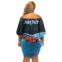 Personalised Snapper Fishing New Zealand Family Matching Off Shoulder Short Dress and Hawaiian Shirt Tamure Fish Hook Maori Pattern LT22 - Polynesian Pride