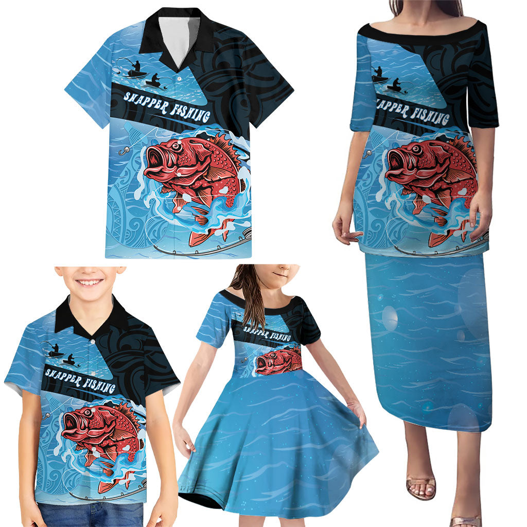 Personalised Snapper Fishing New Zealand Family Matching Puletasi and Hawaiian Shirt Tamure Fish Hook Maori Pattern LT22 - Polynesian Pride