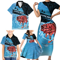 Personalised Snapper Fishing New Zealand Family Matching Short Sleeve Bodycon Dress and Hawaiian Shirt Tamure Fish Hook Maori Pattern LT22 - Polynesian Pride