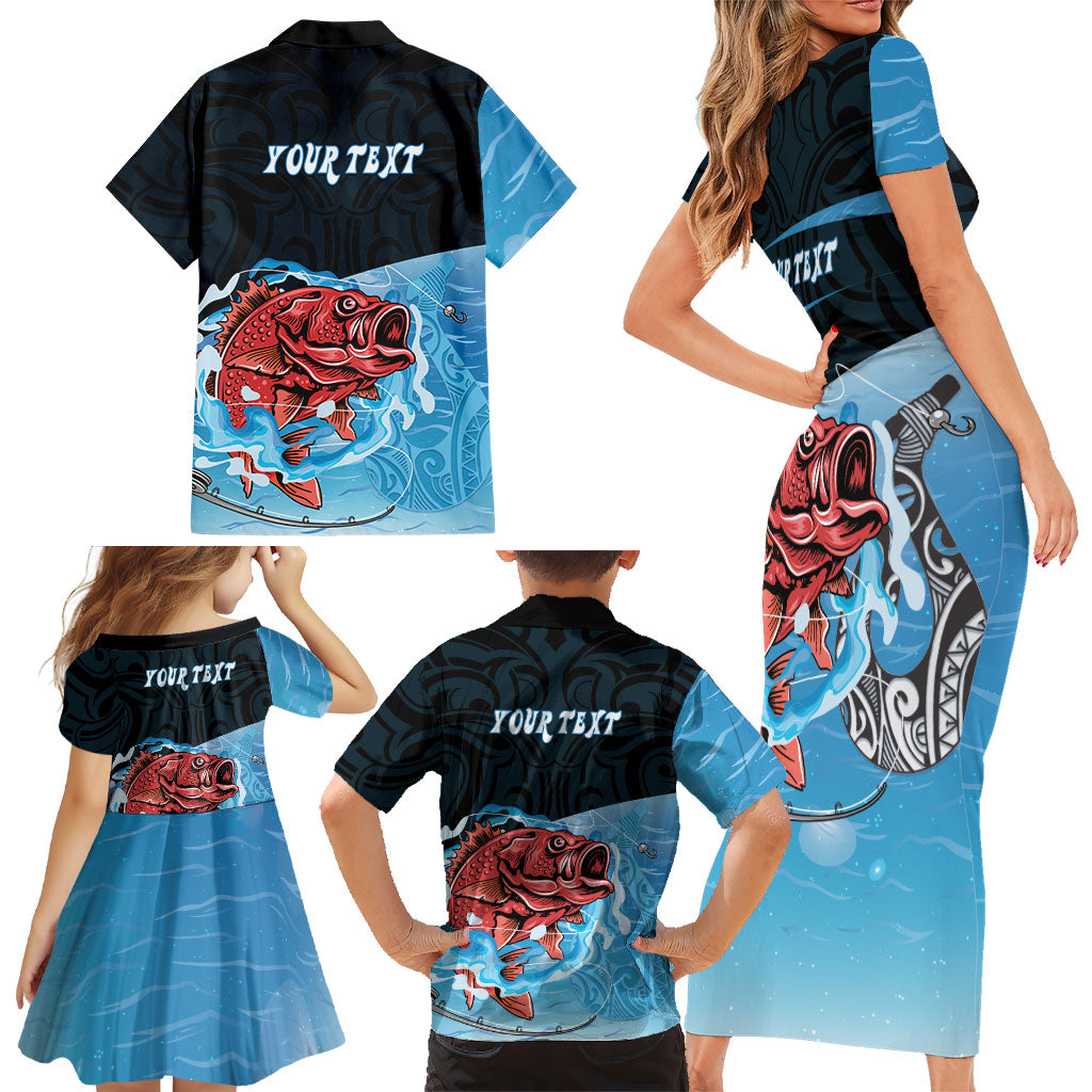 Personalised Snapper Fishing New Zealand Family Matching Short Sleeve Bodycon Dress and Hawaiian Shirt Tamure Fish Hook Maori Pattern LT22 - Polynesian Pride