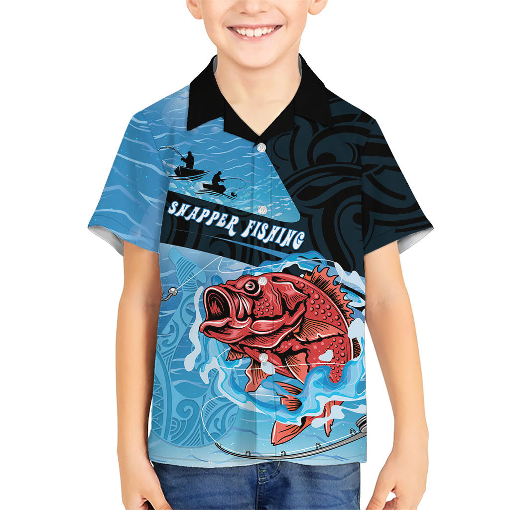 Personalised Snapper Fishing New Zealand Family Matching Summer Maxi Dress and Hawaiian Shirt Tamure Fish Hook Maori Pattern LT22 Son's Shirt Blue - Polynesian Pride