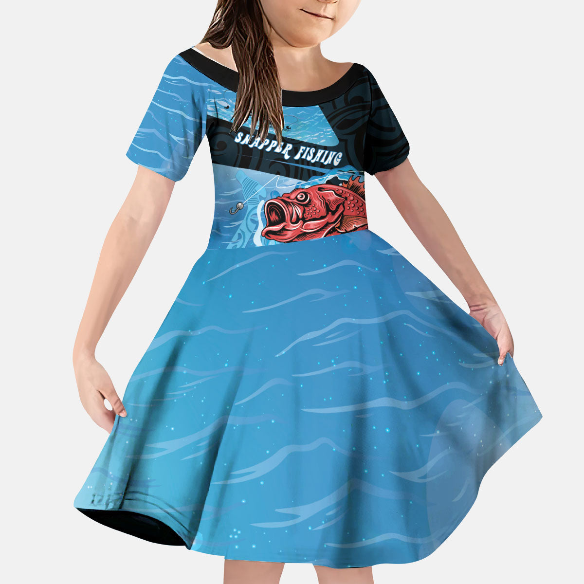 Personalised Snapper Fishing New Zealand Kid Short Sleeve Dress Tamure Fish Hook Maori Pattern