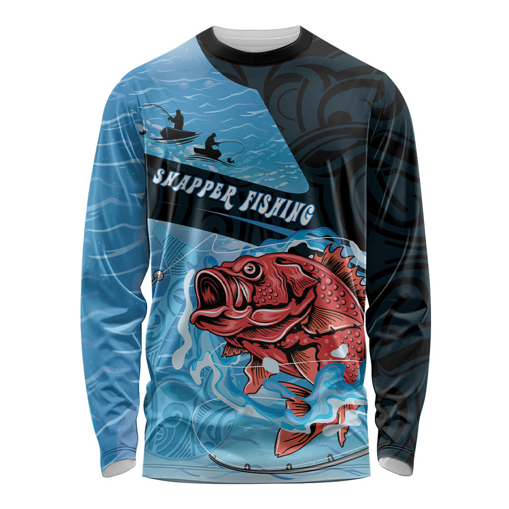 Personalised Snapper Fishing New Zealand Long Sleeve Shirt Tamure Fish Hook Maori Pattern