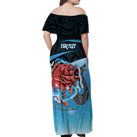 Personalised Snapper Fishing New Zealand Off Shoulder Maxi Dress Tamure Fish Hook Maori Pattern
