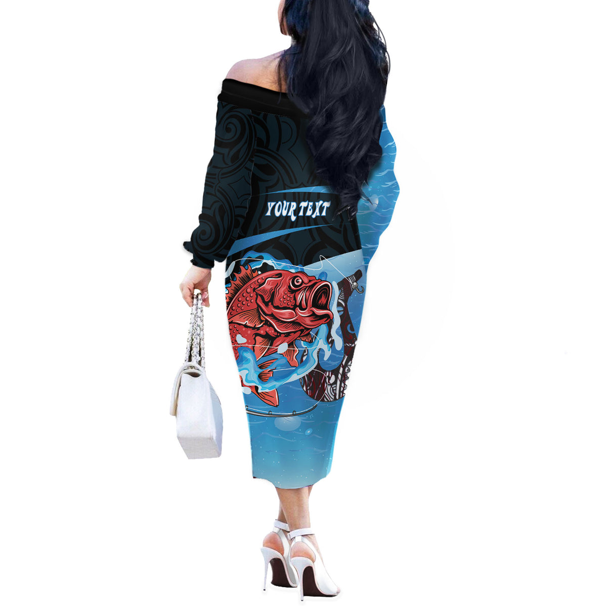 Personalised Snapper Fishing New Zealand Off The Shoulder Long Sleeve Dress Tamure Fish Hook Maori Pattern