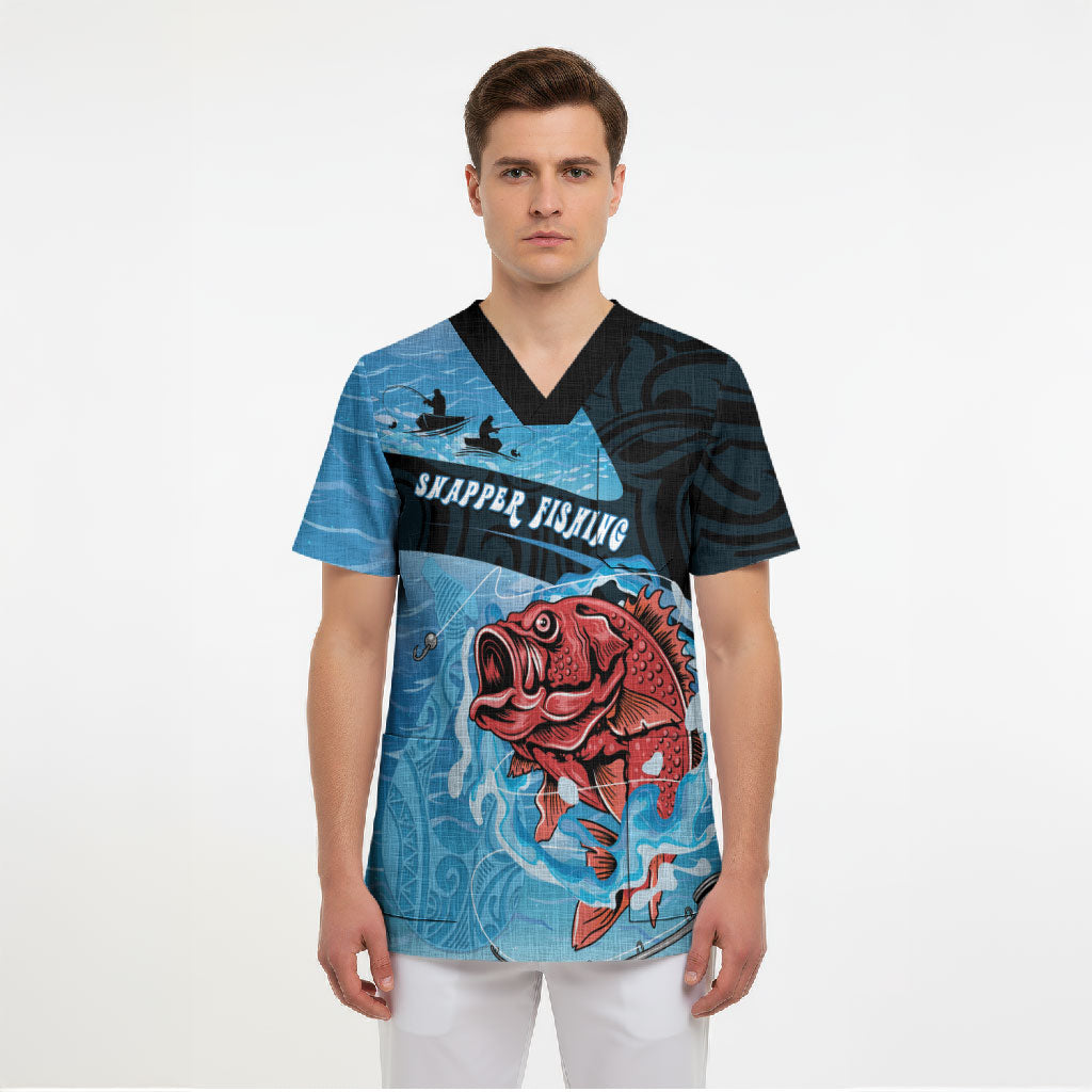Personalised Snapper Fishing New Zealand Scrub Top Tamure Fish Hook Maori Pattern