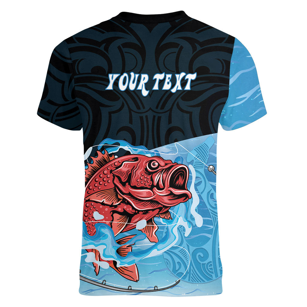 Personalised Snapper Fishing New Zealand Women V-Neck T-Shirt Tamure Fish Hook Maori Pattern LT22 - Polynesian Pride