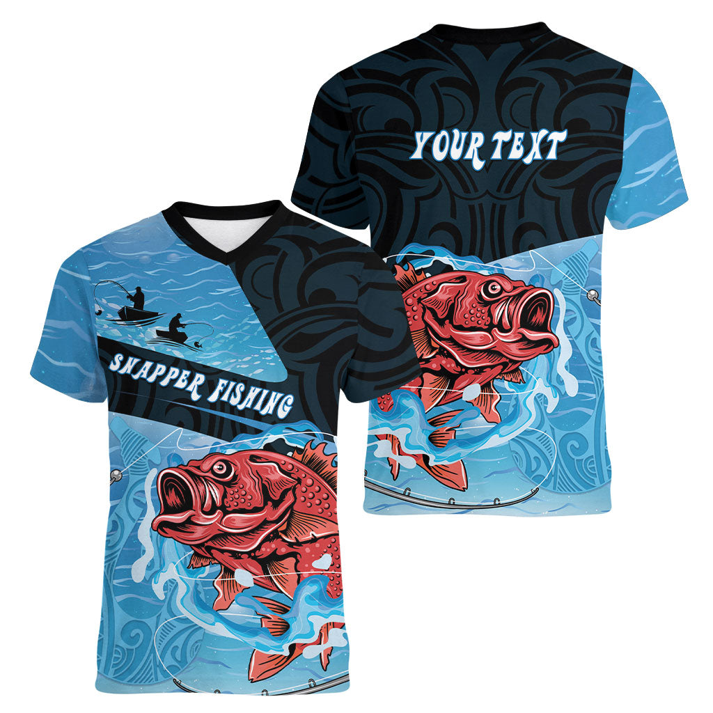 Personalised Snapper Fishing New Zealand Women V-Neck T-Shirt Tamure Fish Hook Maori Pattern LT22 - Polynesian Pride