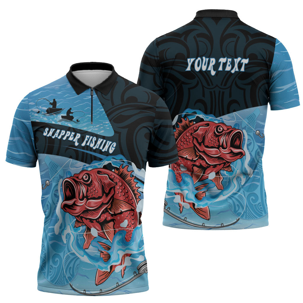 Personalised Snapper Fishing New Zealand Zipper Polo Shirt Tamure Fish Hook Maori Pattern