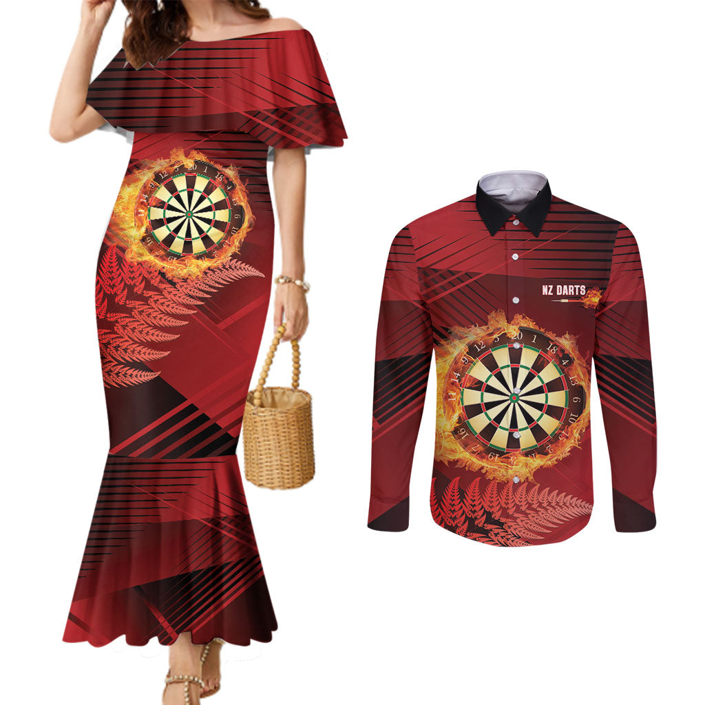 Personalised Darts New Zealand Couples Matching Mermaid Dress and Long Sleeve Button Shirt Silver Fern Red Color LT22 Red - Polynesian Pride