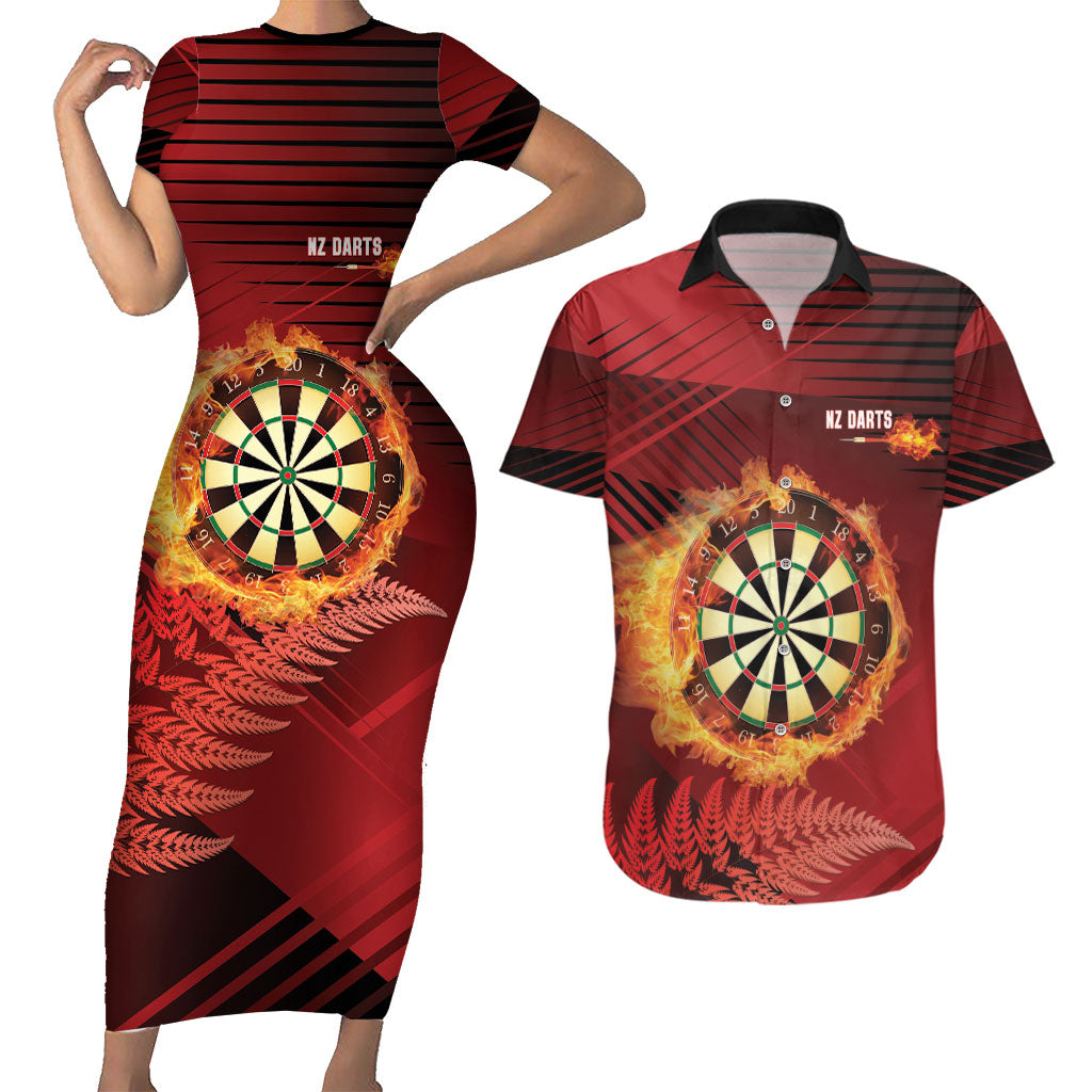 Personalised Darts New Zealand Couples Matching Short Sleeve Bodycon Dress and Hawaiian Shirt Silver Fern Red Color LT22 Red - Polynesian Pride