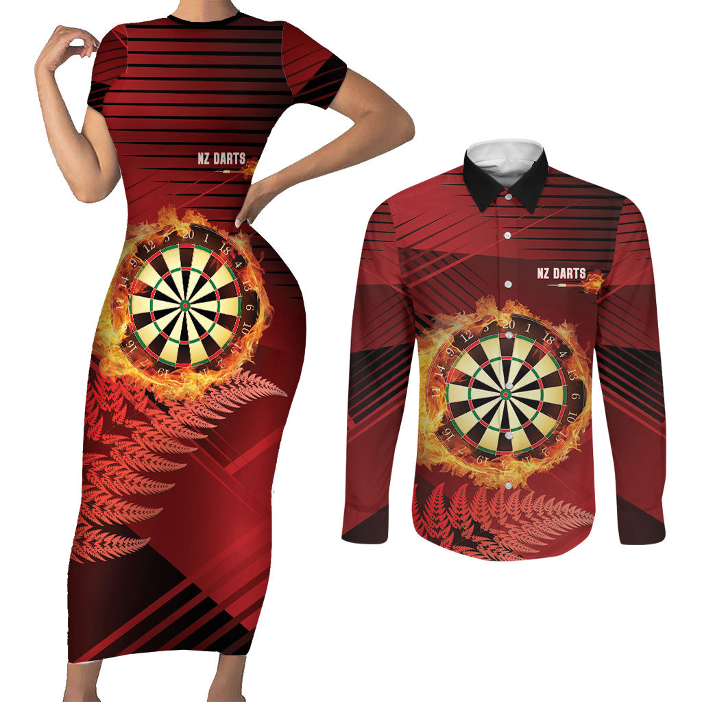 Personalised Darts New Zealand Couples Matching Short Sleeve Bodycon Dress and Long Sleeve Button Shirt Silver Fern Red Color LT22 Red - Polynesian Pride