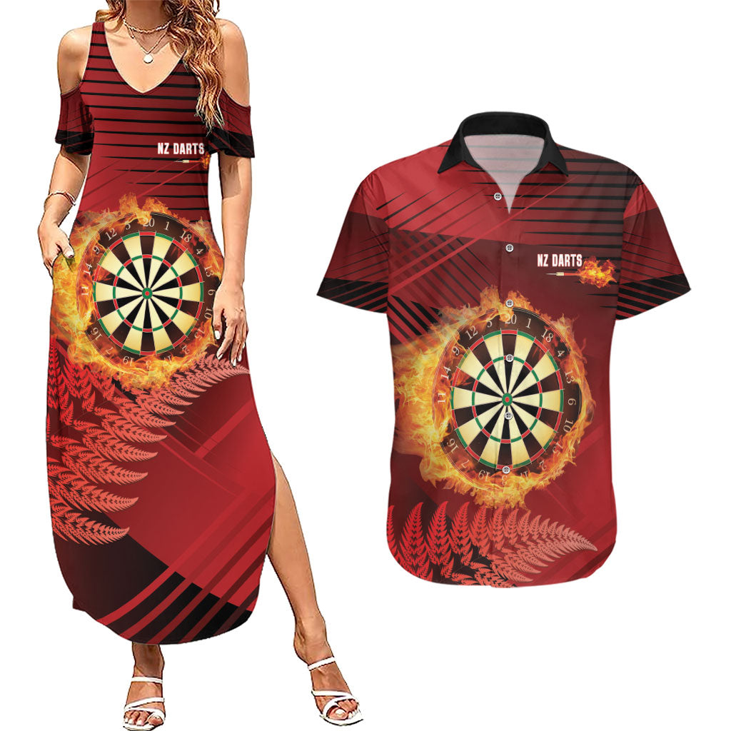 Personalised Darts New Zealand Couples Matching Summer Maxi Dress and Hawaiian Shirt Silver Fern Red Color LT22 Red - Polynesian Pride