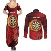 Personalised Darts New Zealand Couples Matching Summer Maxi Dress and Long Sleeve Button Shirt Silver Fern Red Color