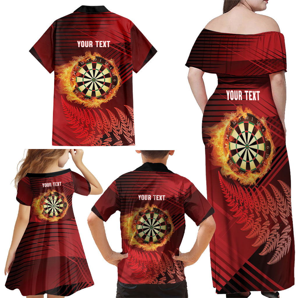 Personalised Darts New Zealand Family Matching Off Shoulder Maxi Dress and Hawaiian Shirt Silver Fern Red Color LT22 - Polynesian Pride