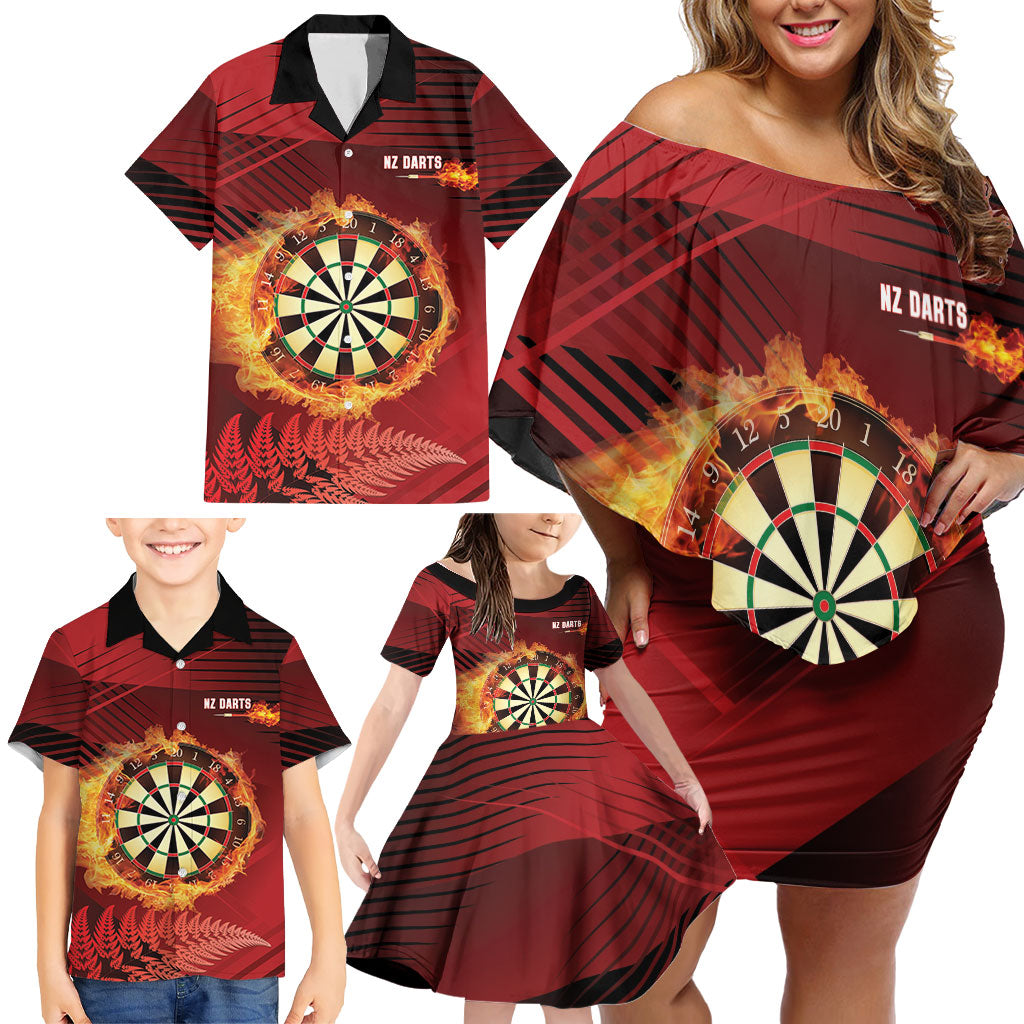 Personalised Darts New Zealand Family Matching Off Shoulder Short Dress and Hawaiian Shirt Silver Fern Red Color LT22 - Polynesian Pride