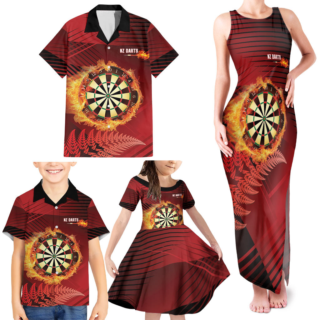 Personalised Darts New Zealand Family Matching Tank Maxi Dress and Hawaiian Shirt Silver Fern Red Color LT22 - Polynesian Pride