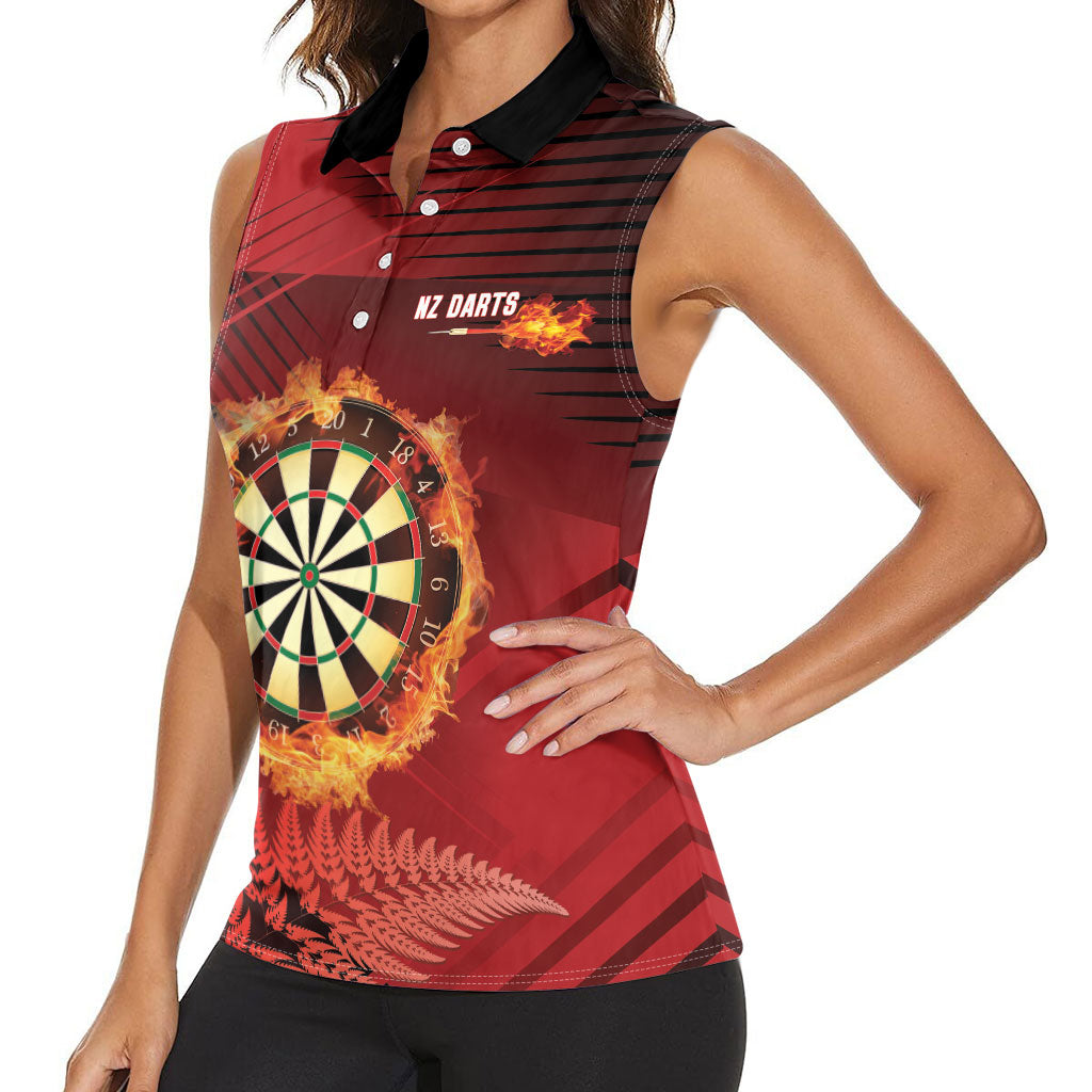 Personalised Darts New Zealand Women Sleeveless Polo Shirt Silver Fern Red Color LT22 - Polynesian Pride