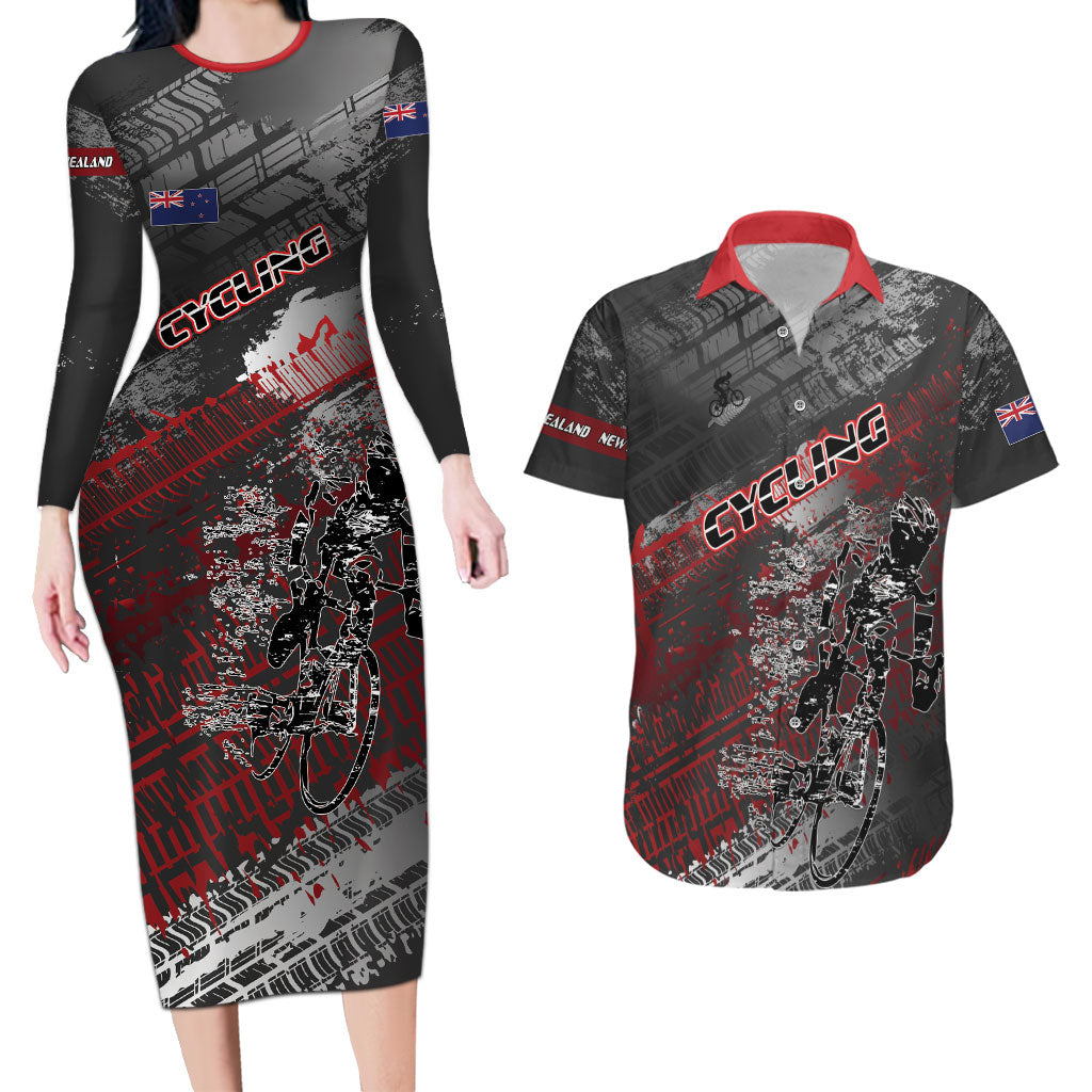 Personalised Cycling New Zealand Couples Matching Long Sleeve Bodycon Dress and Hawaiian Shirt Aotearoa Pride Sportswear LT22 Red - Polynesian Pride