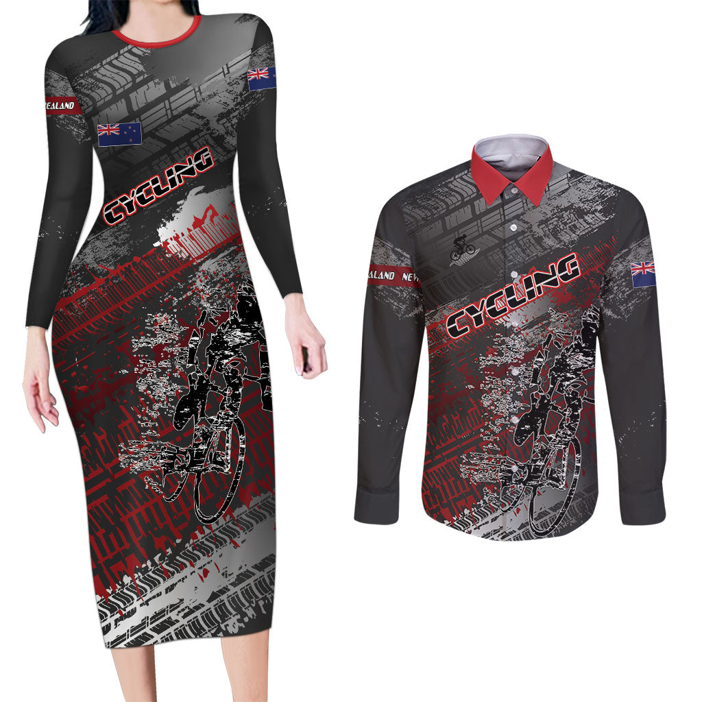 Personalised Cycling New Zealand Couples Matching Long Sleeve Bodycon Dress and Long Sleeve Button Shirt Aotearoa Pride Sportswear LT22 Red - Polynesian Pride