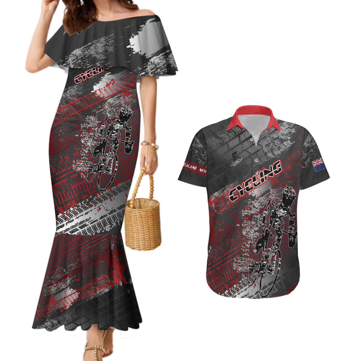 Personalised Cycling New Zealand Couples Matching Mermaid Dress and Hawaiian Shirt Aotearoa Pride Sportswear LT22 Red - Polynesian Pride