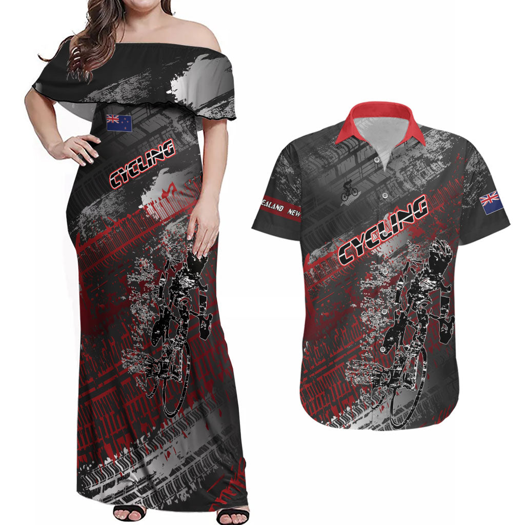 Personalised Cycling New Zealand Couples Matching Off Shoulder Maxi Dress and Hawaiian Shirt Aotearoa Pride Sportswear LT22 Red - Polynesian Pride