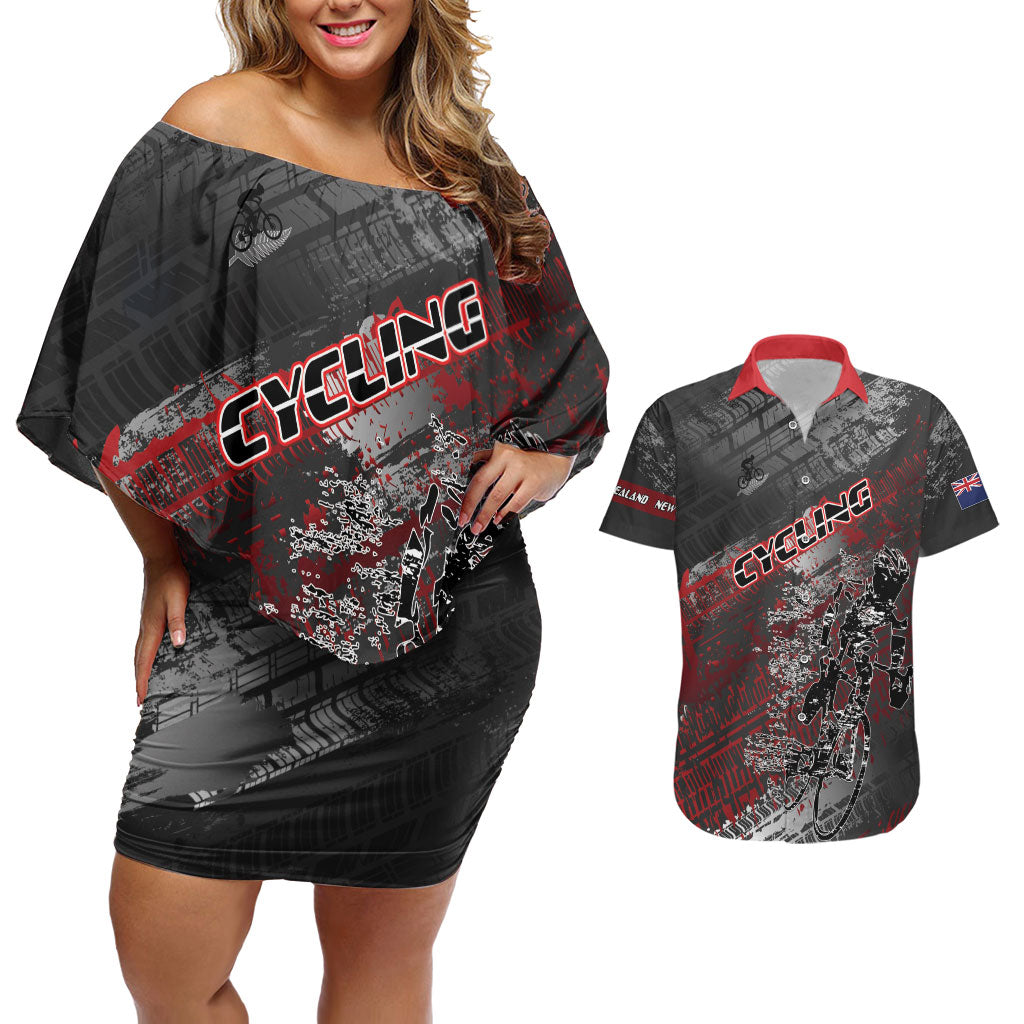Personalised Cycling New Zealand Couples Matching Off Shoulder Short Dress and Hawaiian Shirt Aotearoa Pride Sportswear LT22 Red - Polynesian Pride