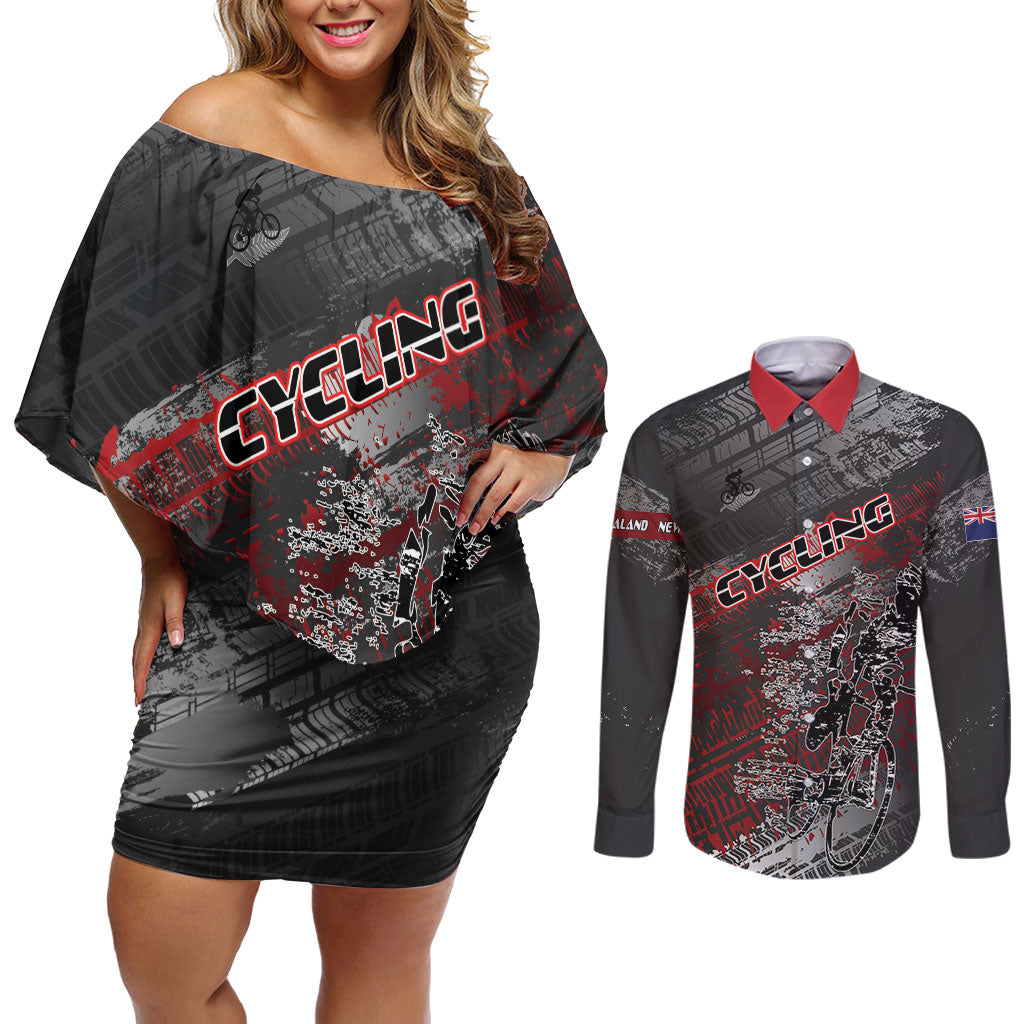 Personalised Cycling New Zealand Couples Matching Off Shoulder Short Dress and Long Sleeve Button Shirt Aotearoa Pride Sportswear LT22 Red - Polynesian Pride