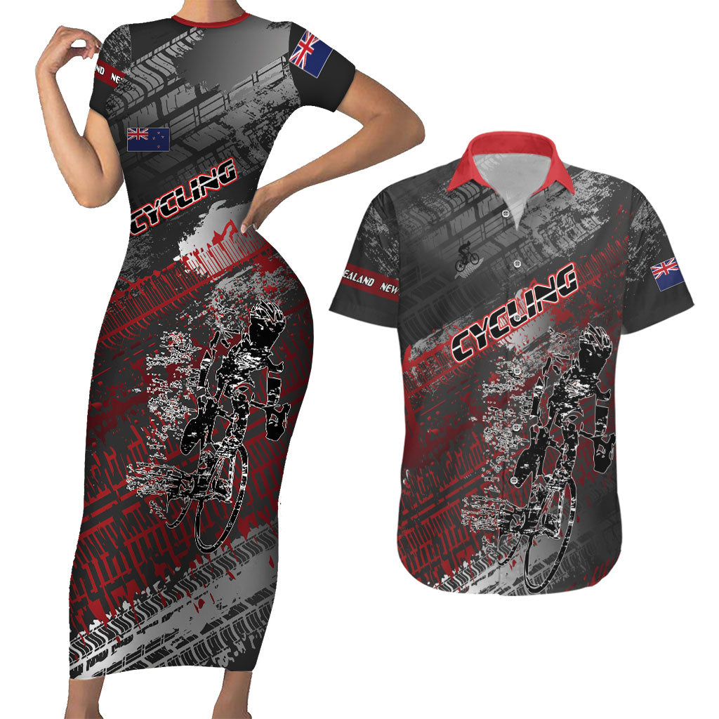 Personalised Cycling New Zealand Couples Matching Short Sleeve Bodycon Dress and Hawaiian Shirt Aotearoa Pride Sportswear LT22 Red - Polynesian Pride