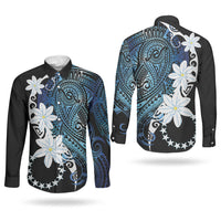 Cook Islands Maori Language Week Couples Matching Long Sleeve Bodycon Dress and Long Sleeve Button Shirt Tiare Maori Kuki Airani Blue Pattern