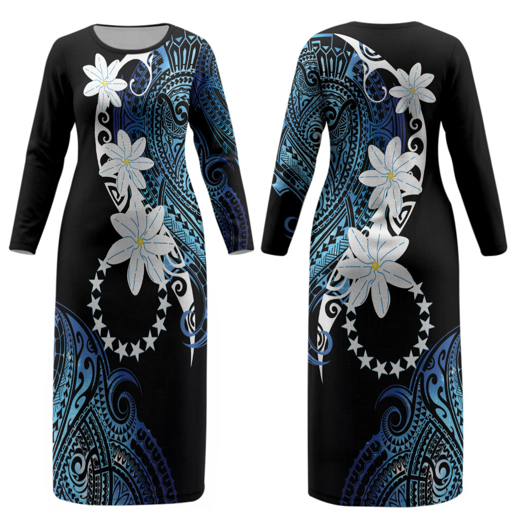 Cook Islands Maori Language Week Couples Matching Long Sleeve Bodycon Dress and Long Sleeve Button Shirt Tiare Maori Kuki Airani Blue Pattern
