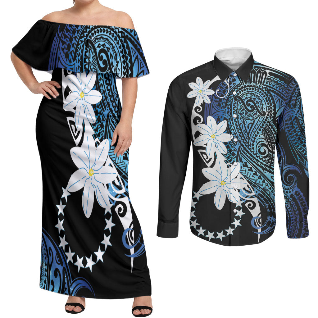 Cook Islands Maori Language Week Couples Matching Off Shoulder Maxi Dress and Long Sleeve Button Shirt Tiare Maori Kuki Airani Blue Pattern