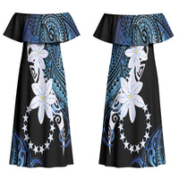 Cook Islands Maori Language Week Couples Matching Off Shoulder Maxi Dress and Long Sleeve Button Shirt Tiare Maori Kuki Airani Blue Pattern
