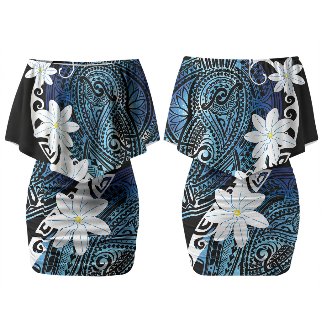 Cook Islands Maori Language Week Couples Matching Off Shoulder Short Dress and Hawaiian Shirt Tiare Maori Kuki Airani Blue Pattern